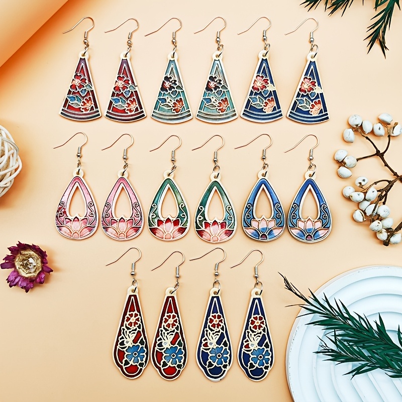 Chinese Style Floral Acrylic Water Drop Earrings Set